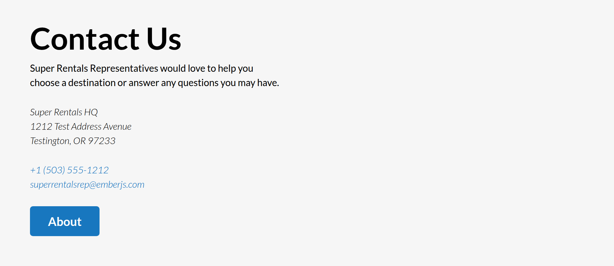 The Super Rentals app (contact page) by the end of the chapter