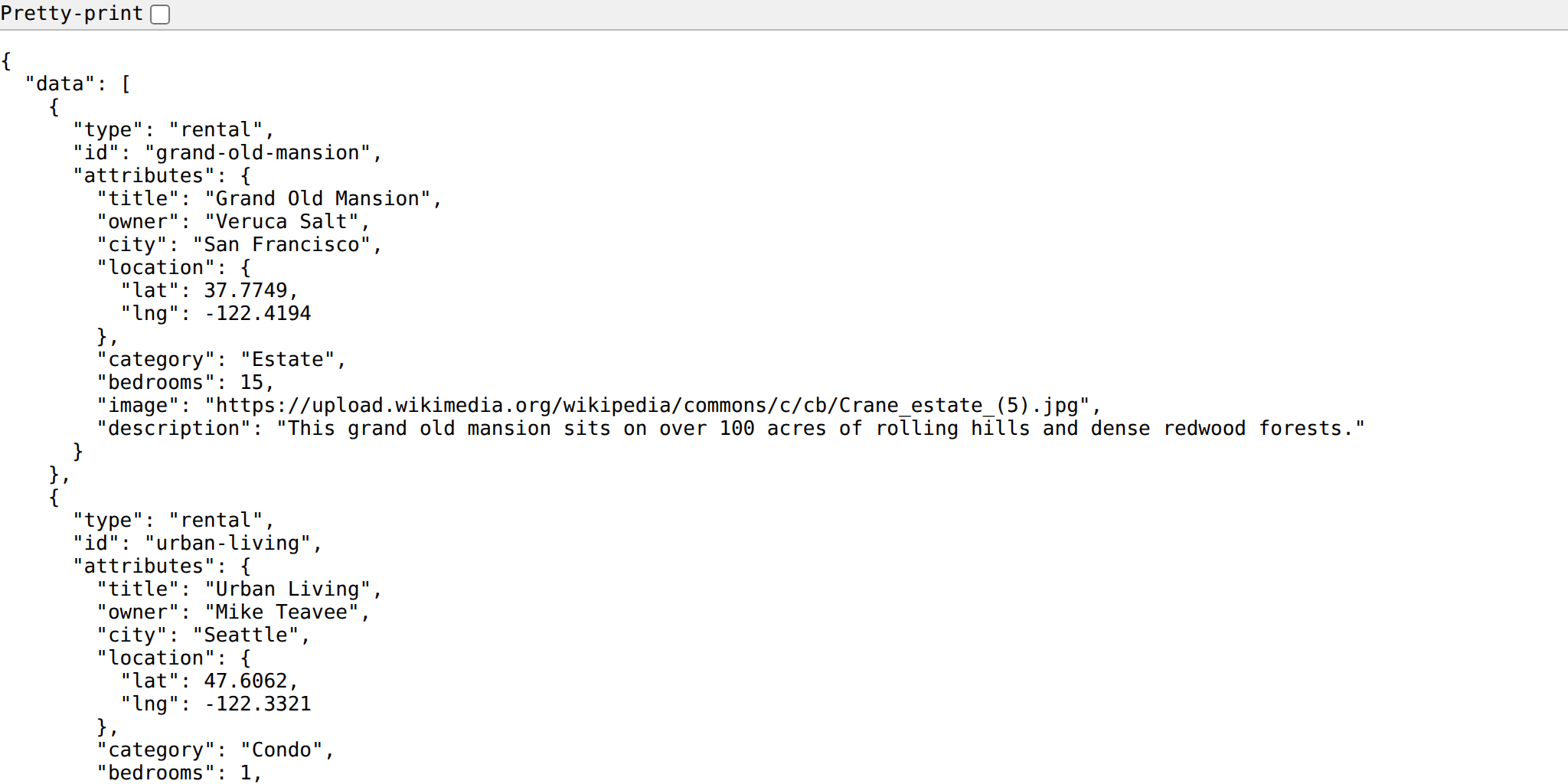 Our server serving up our rental properties as JSON data